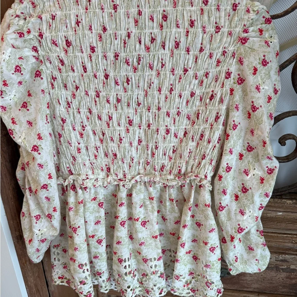 Anthropologie Cream Blouse with Pink Rose Print and Smocked Bodice